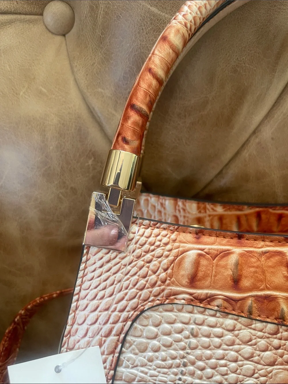 Croc-Embossed Satchel Handbag in Burnt Orange-Cream